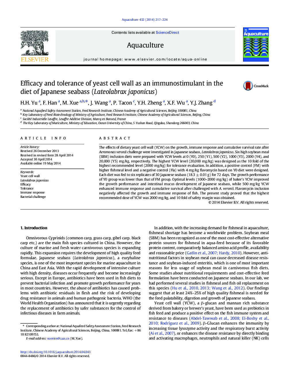 Efficacy and tolerance of yeast cell wall as an immunostimulant in the diet of Japanese seabass (Lateolabrax japonicus)