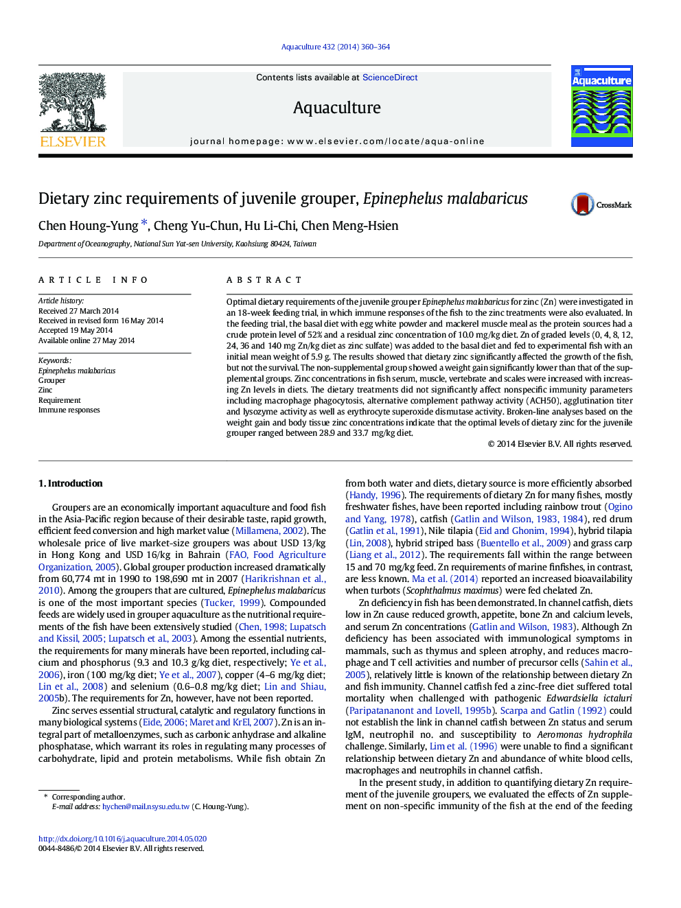 Dietary zinc requirements of juvenile grouper, Epinephelus malabaricus