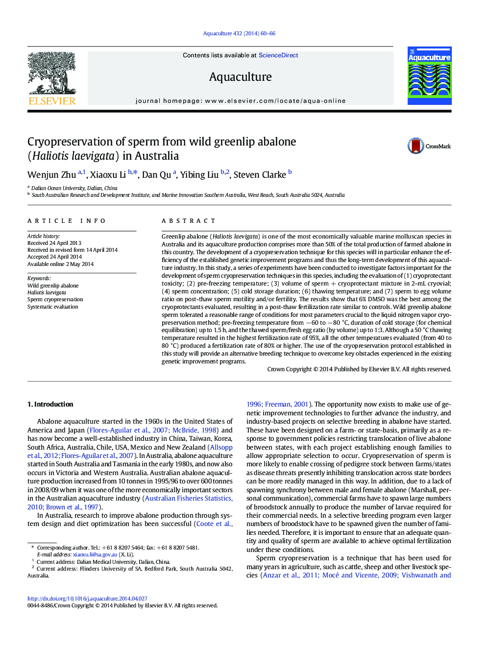 Cryopreservation of sperm from wild greenlip abalone (Haliotis laevigata) in Australia