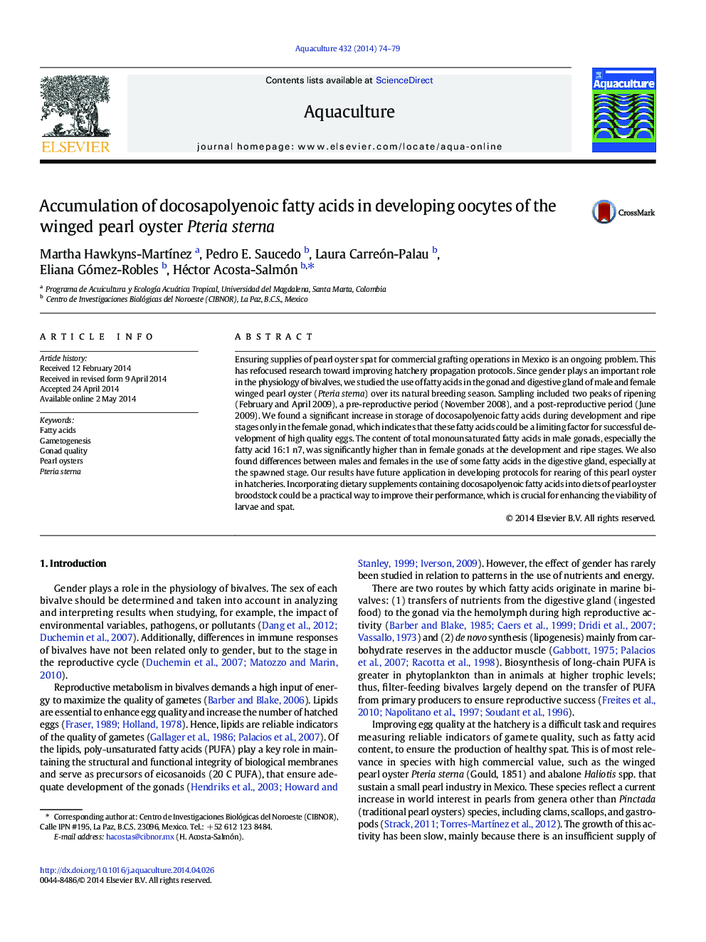 Accumulation of docosapolyenoic fatty acids in developing oocytes of the winged pearl oyster Pteria sterna