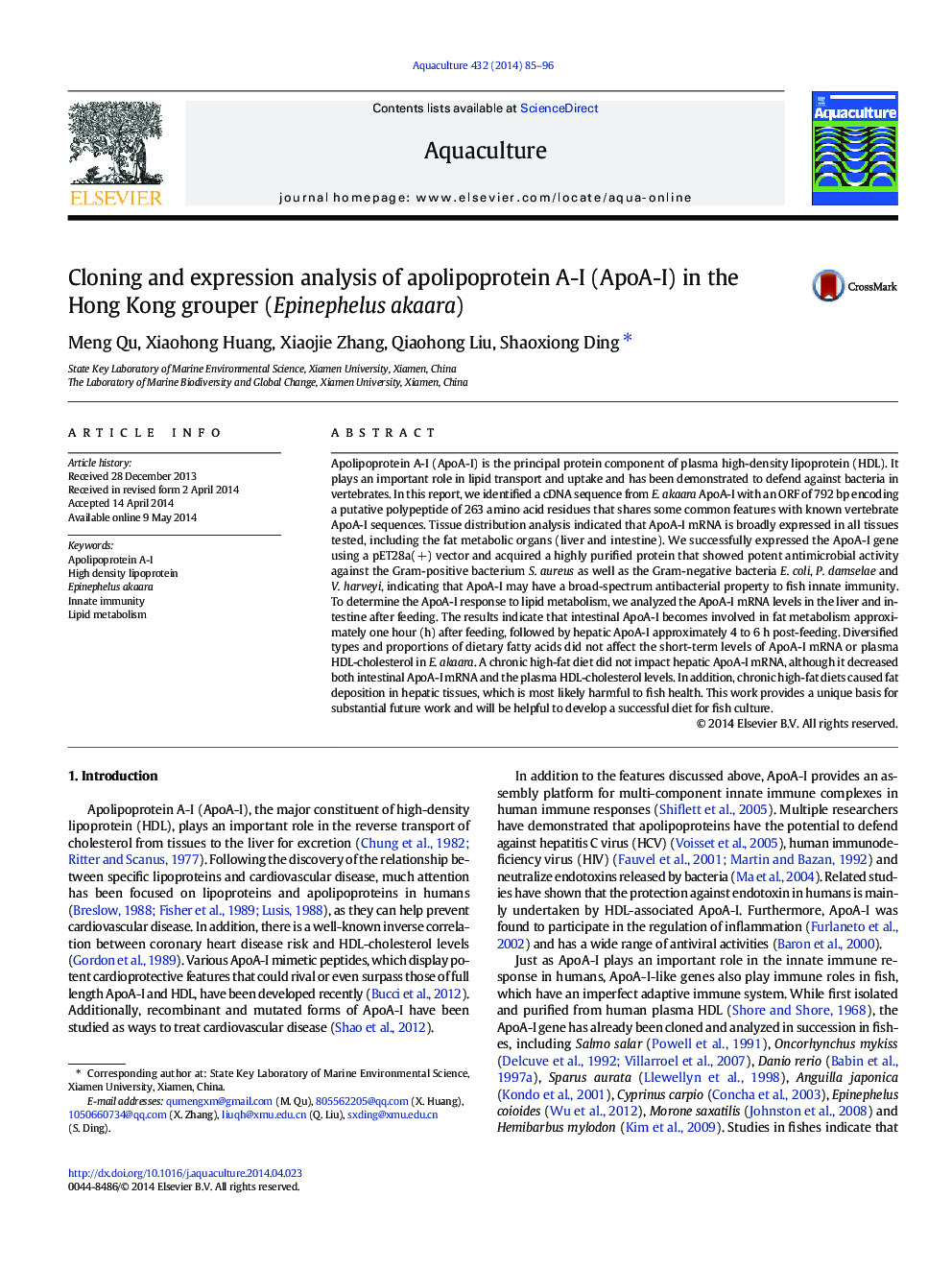 Cloning and expression analysis of apolipoprotein A-I (ApoA-I) in the Hong Kong grouper (Epinephelus akaara)