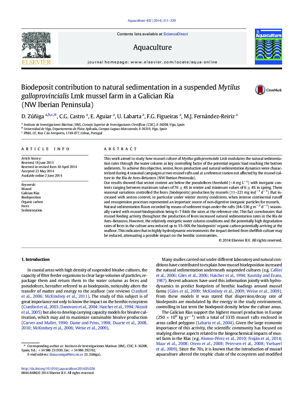 Biodeposit contribution to natural sedimentation in a suspended Mytilus galloprovincialis Lmk mussel farm in a Galician Ría (NW Iberian Peninsula)