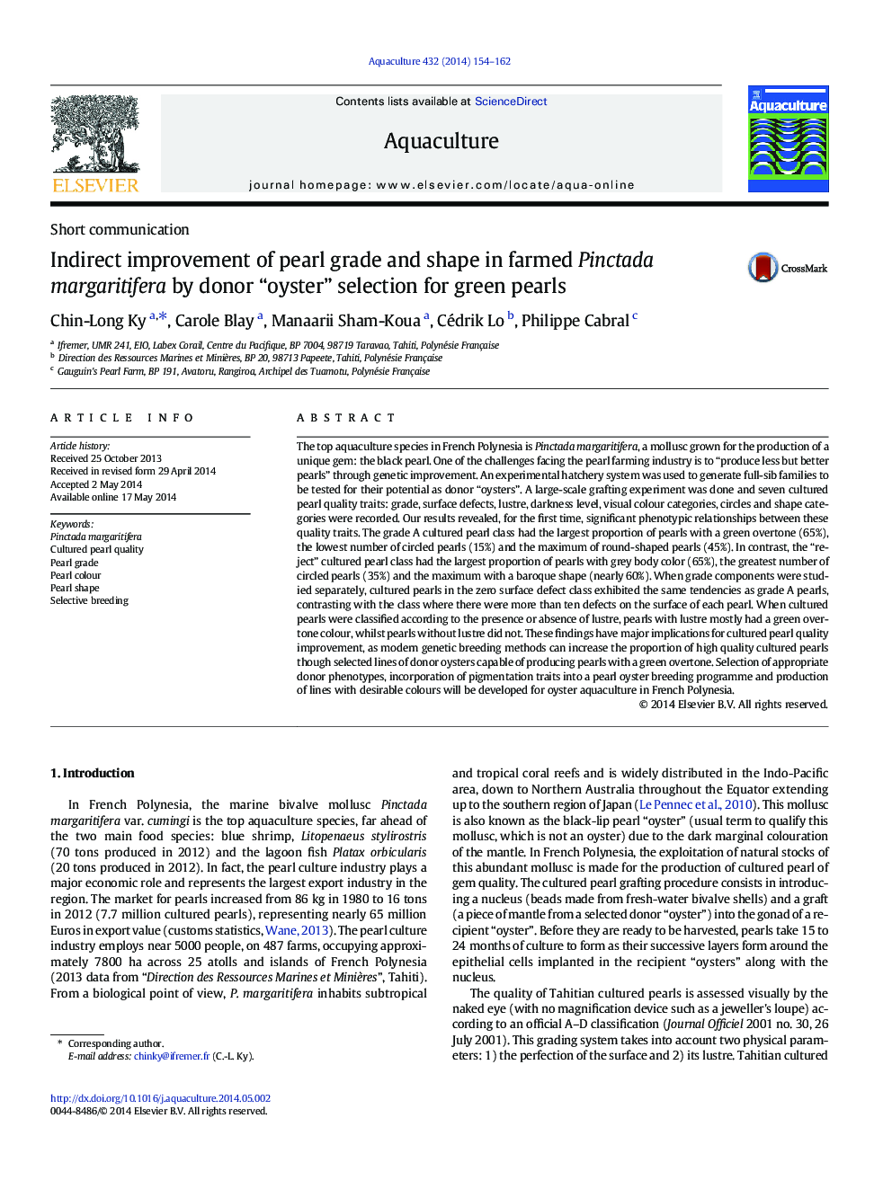 Indirect improvement of pearl grade and shape in farmed Pinctada margaritifera by donor “oyster” selection for green pearls