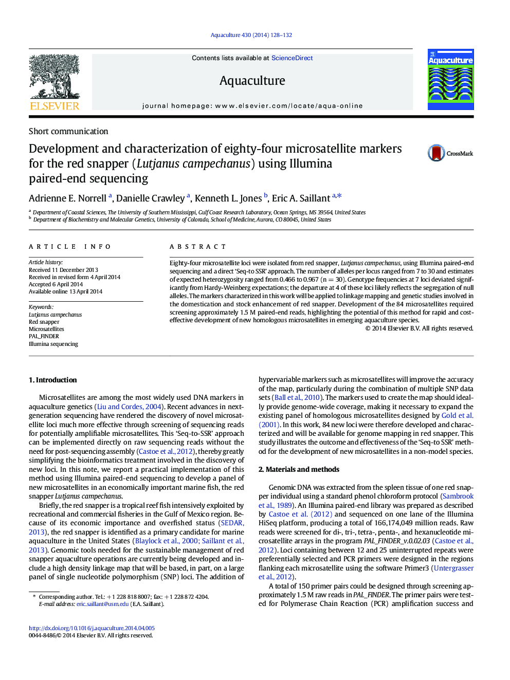 Development and characterization of eighty-four microsatellite markers for the red snapper (Lutjanus campechanus) using Illumina paired-end sequencing