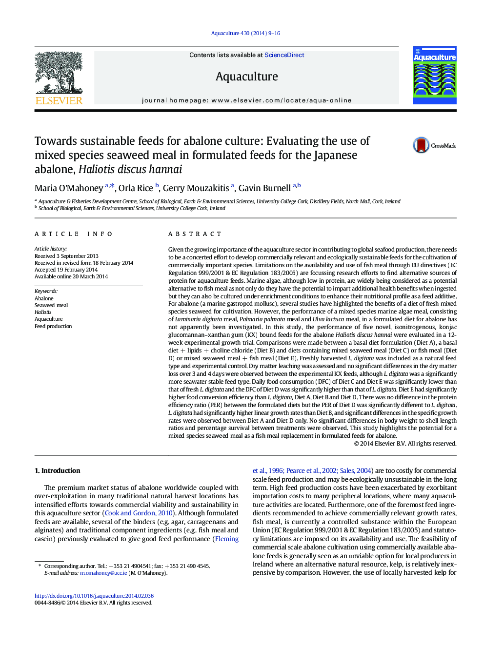 Towards sustainable feeds for abalone culture: Evaluating the use of mixed species seaweed meal in formulated feeds for the Japanese abalone, Haliotis discus hannai