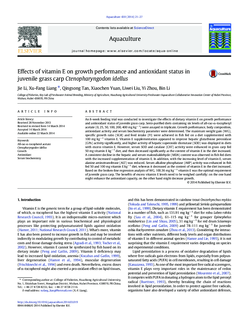 Effects of vitamin E on growth performance and antioxidant status in juvenile grass carp Ctenopharyngodon idellus