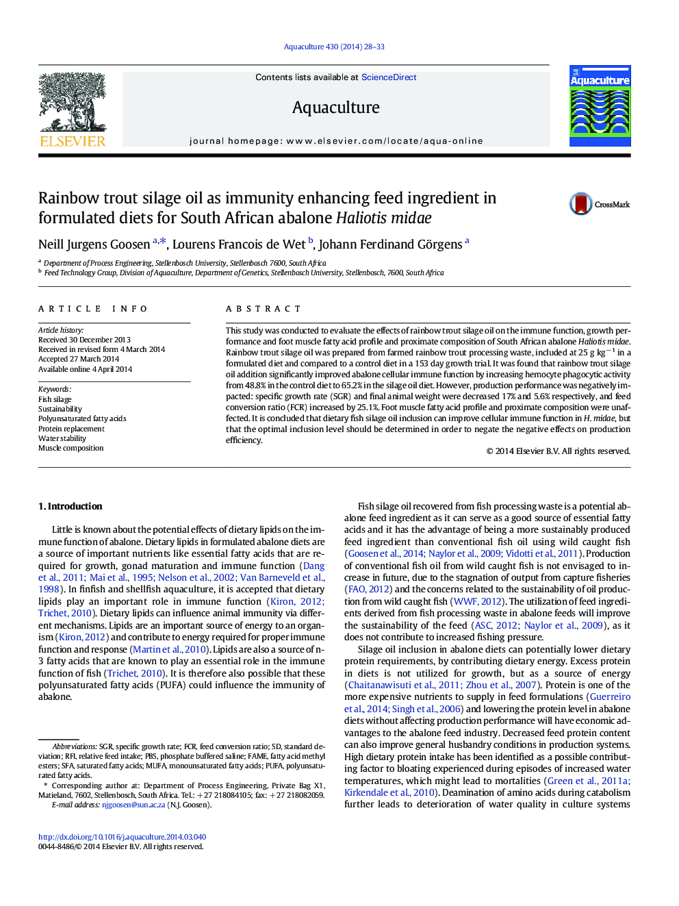 Rainbow trout silage oil as immunity enhancing feed ingredient in formulated diets for South African abalone Haliotis midae