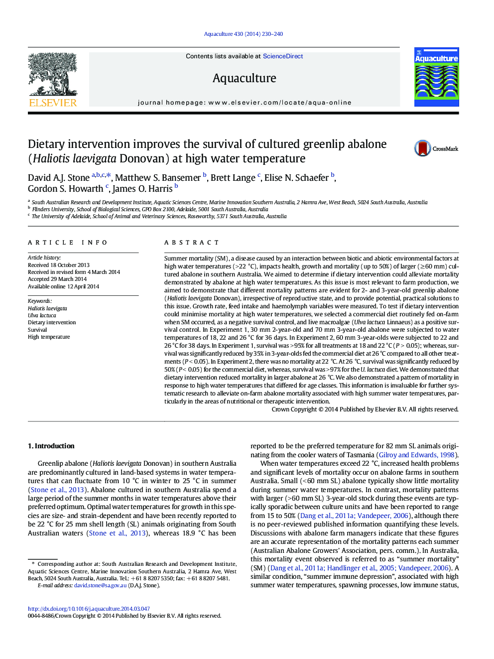 Dietary intervention improves the survival of cultured greenlip abalone (Haliotis laevigata Donovan) at high water temperature