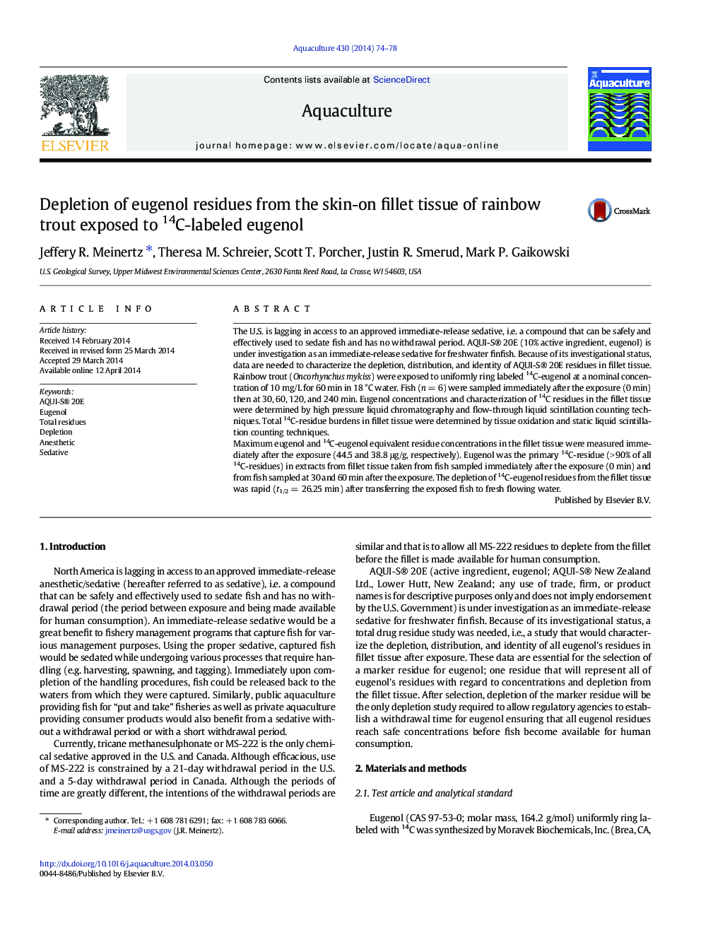 Depletion of eugenol residues from the skin-on fillet tissue of rainbow trout exposed to 14C-labeled eugenol