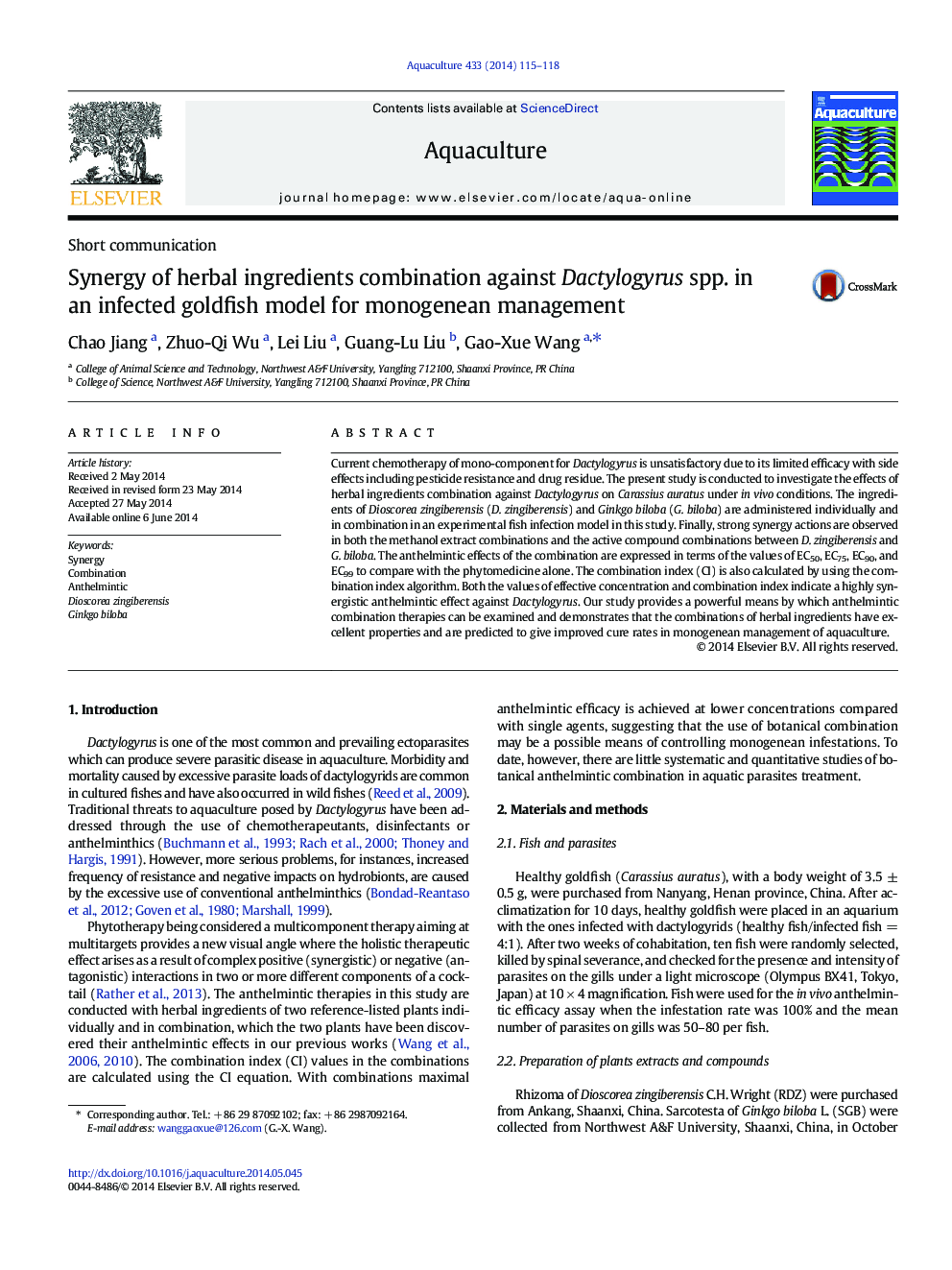 Synergy of herbal ingredients combination against Dactylogyrus spp. in an infected goldfish model for monogenean management