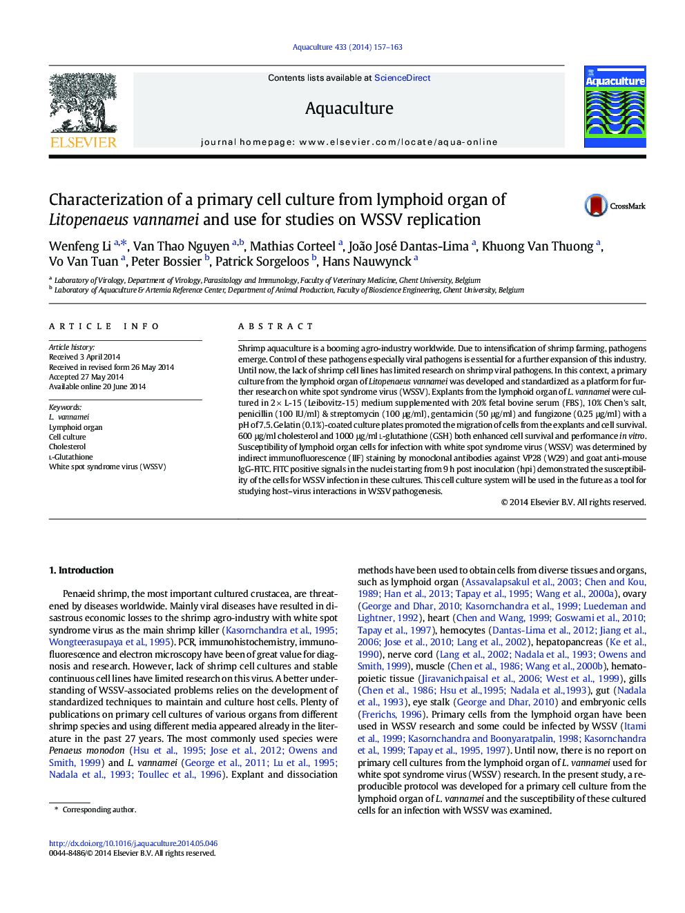 Characterization of a primary cell culture from lymphoid organ of Litopenaeus vannamei and use for studies on WSSV replication