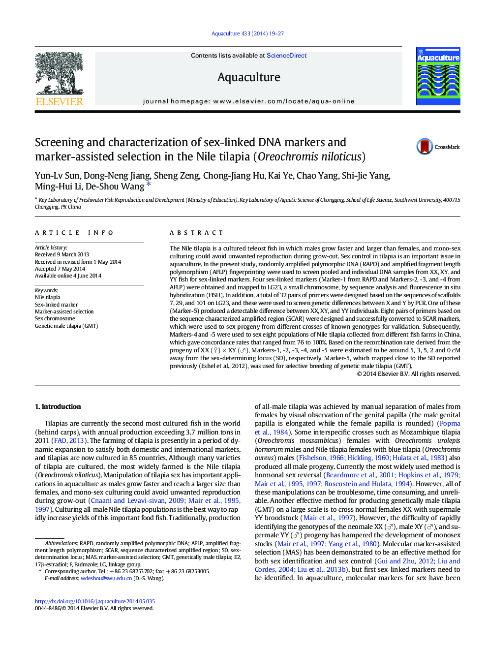 Screening and characterization of sex-linked DNA markers and marker-assisted selection in the Nile tilapia (Oreochromis niloticus)