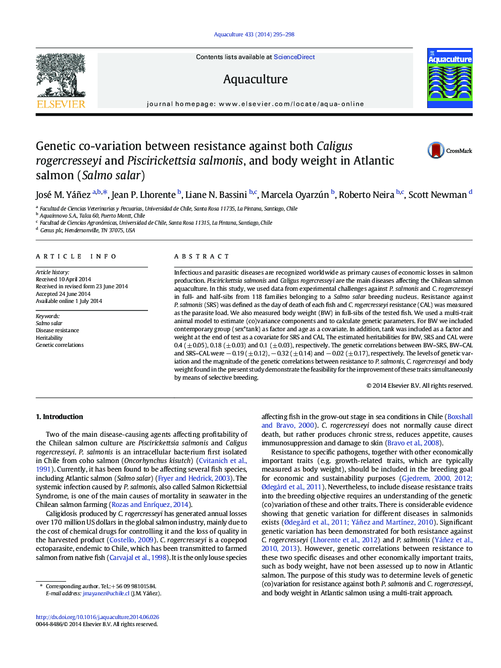 Genetic co-variation between resistance against both Caligus rogercresseyi and Piscirickettsia salmonis, and body weight in Atlantic salmon (Salmo salar)