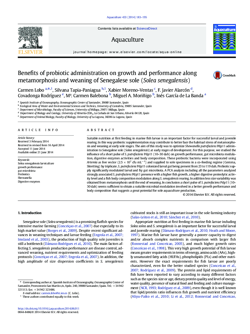 عکس صفحه اول مقاله: Benefits of probiotic administration on growth and performance along metamorphosis and weaning of Senegalese sole (Solea senegalensis) Benefits of probiotic administration on growth and performance along metamorphosis and weaning of Senegalese sole (Solea senegalensis)