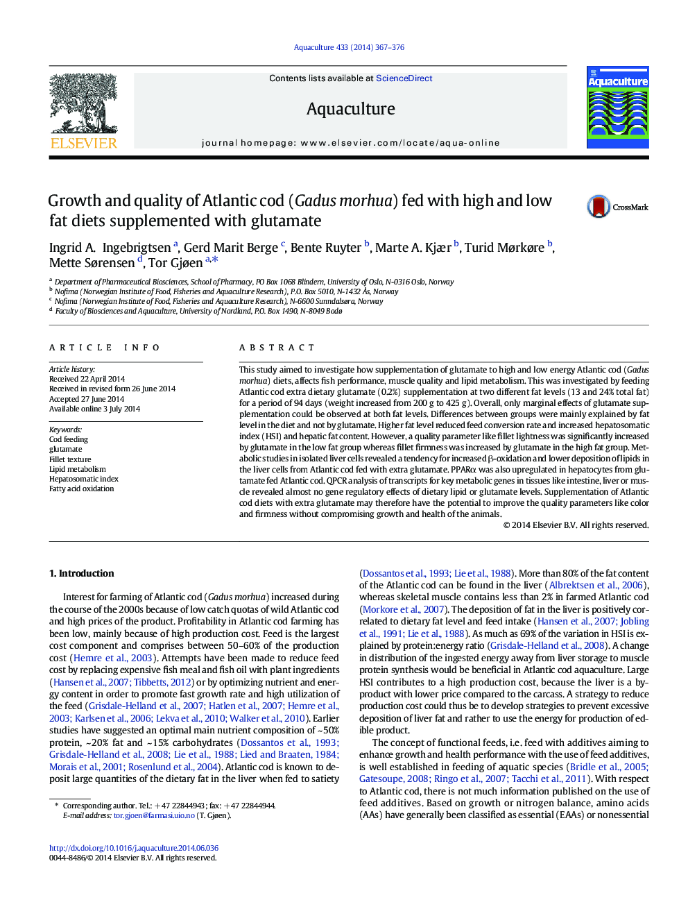 Growth and quality of Atlantic cod (Gadus morhua) fed with high and low fat diets supplemented with glutamate