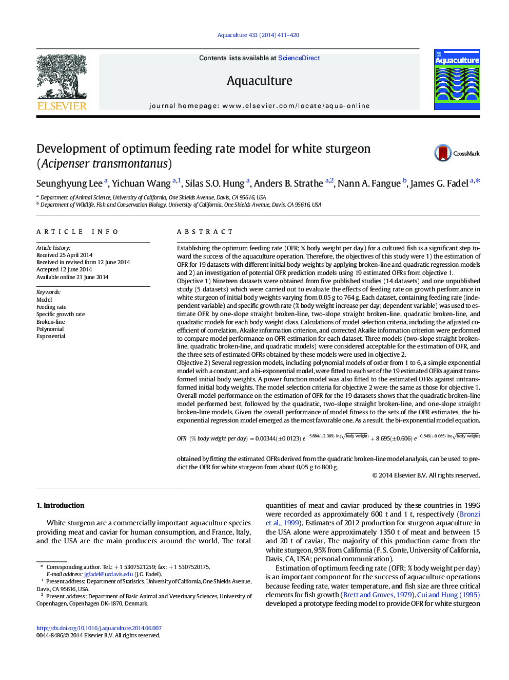 Development of optimum feeding rate model for white sturgeon (Acipenser transmontanus)