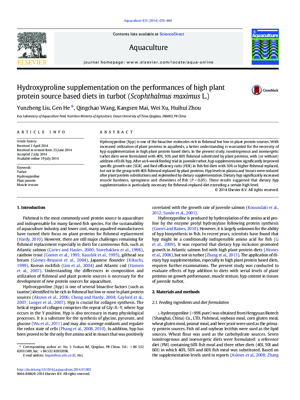 Hydroxyproline supplementation on the performances of high plant protein source based diets in turbot (Scophthalmus maximus L.)