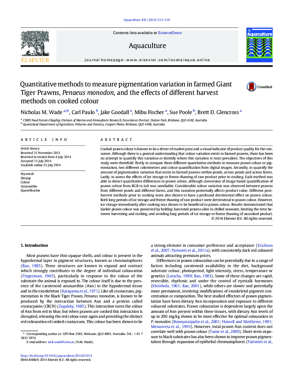 Quantitative methods to measure pigmentation variation in farmed Giant Tiger Prawns, Penaeus monodon, and the effects of different harvest methods on cooked colour