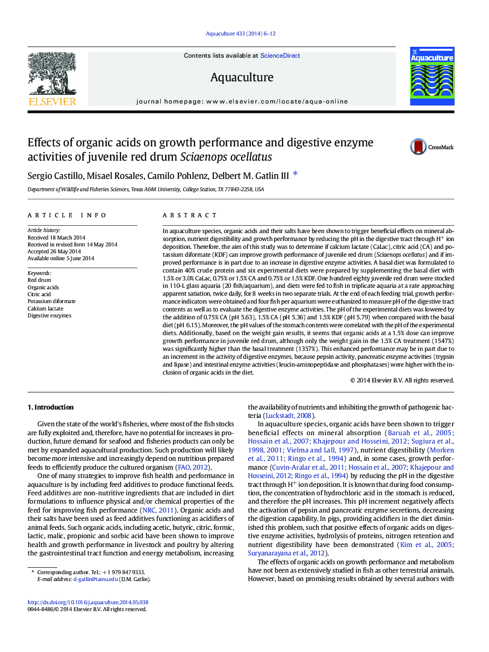 Effects of organic acids on growth performance and digestive enzyme activities of juvenile red drum Sciaenops ocellatus