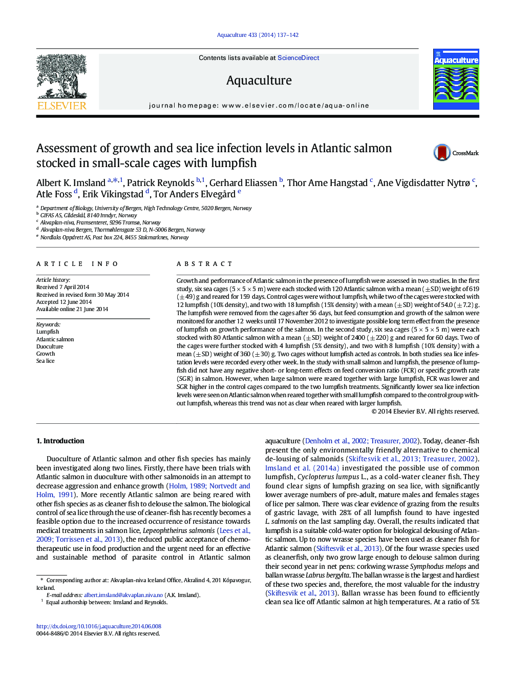 Assessment of growth and sea lice infection levels in Atlantic salmon stocked in small-scale cages with lumpfish