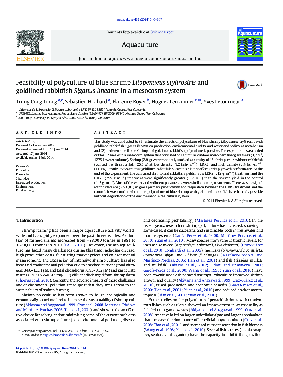 Feasibility of polyculture of blue shrimp Litopenaeus stylirostris and goldlined rabbitfish Siganus lineatus in a mesocosm system