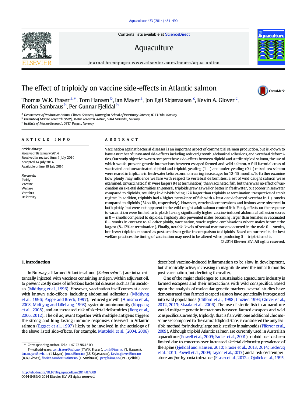 The effect of triploidy on vaccine side-effects in Atlantic salmon