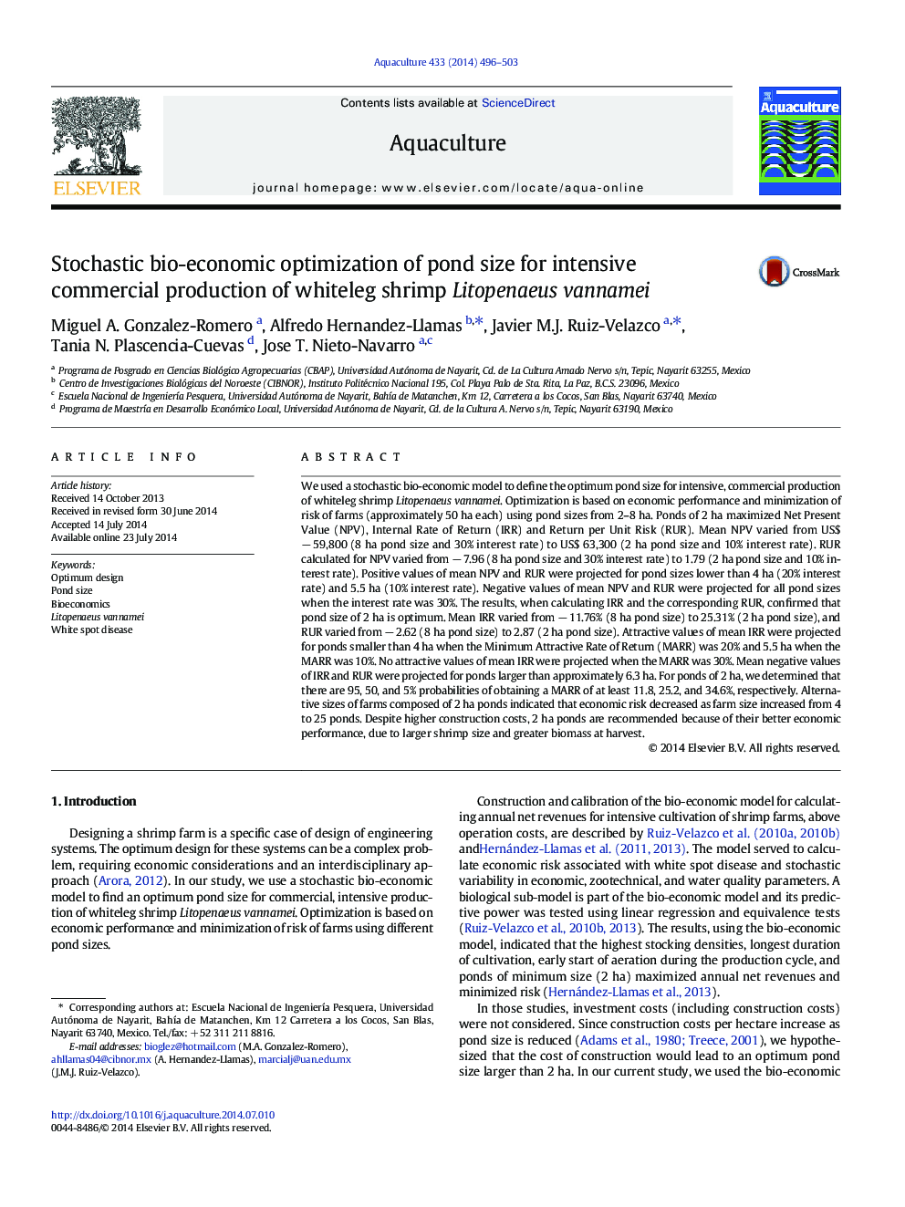 Stochastic bio-economic optimization of pond size for intensive commercial production of whiteleg shrimp Litopenaeus vannamei