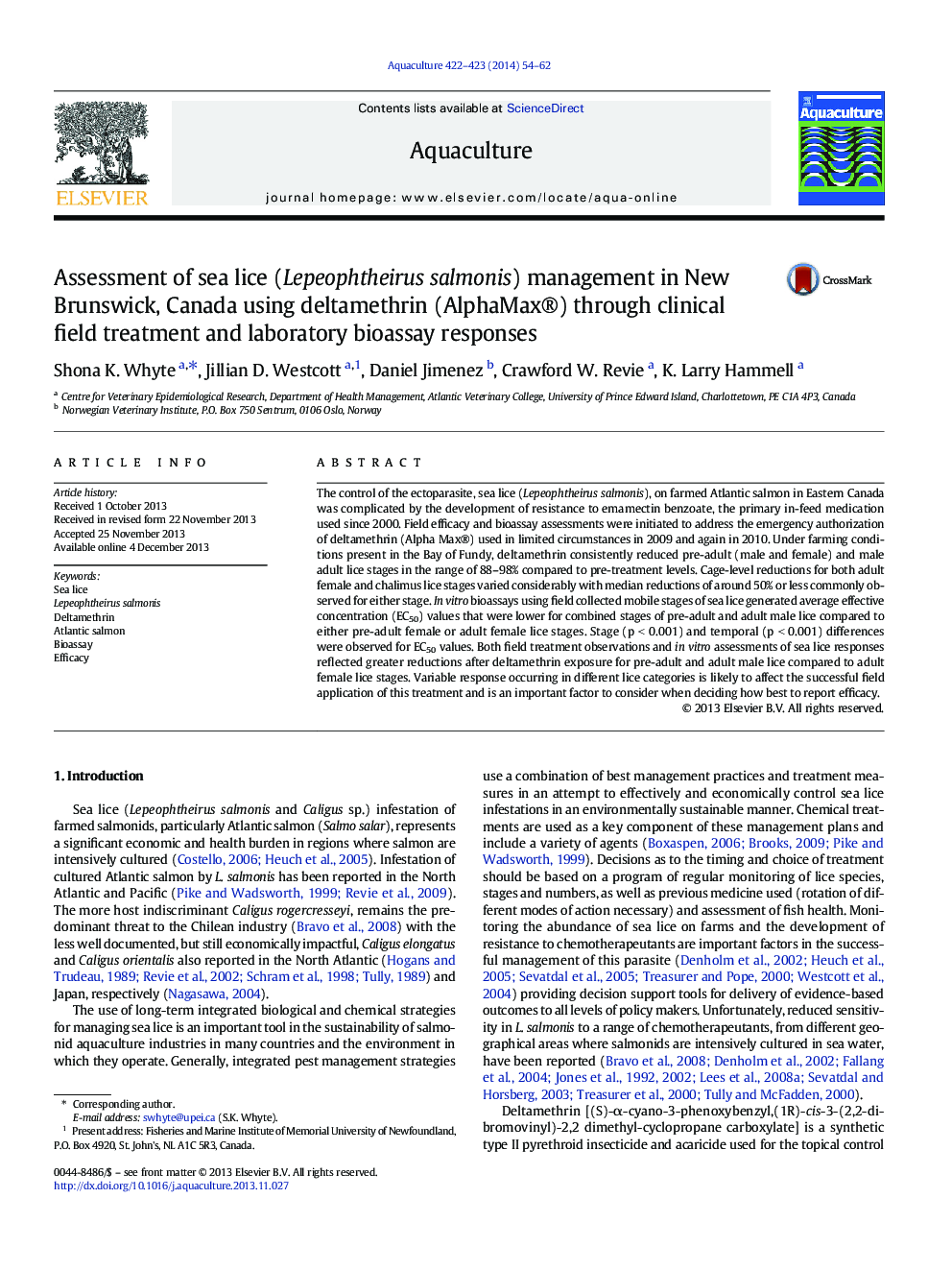 Assessment of sea lice (Lepeophtheirus salmonis) management in New Brunswick, Canada using deltamethrin (AlphaMax®) through clinical field treatment and laboratory bioassay responses