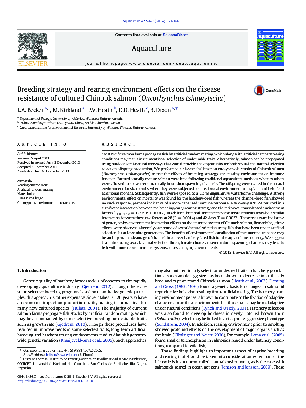 Breeding strategy and rearing environment effects on the disease resistance of cultured Chinook salmon (Oncorhynchus tshawytscha)