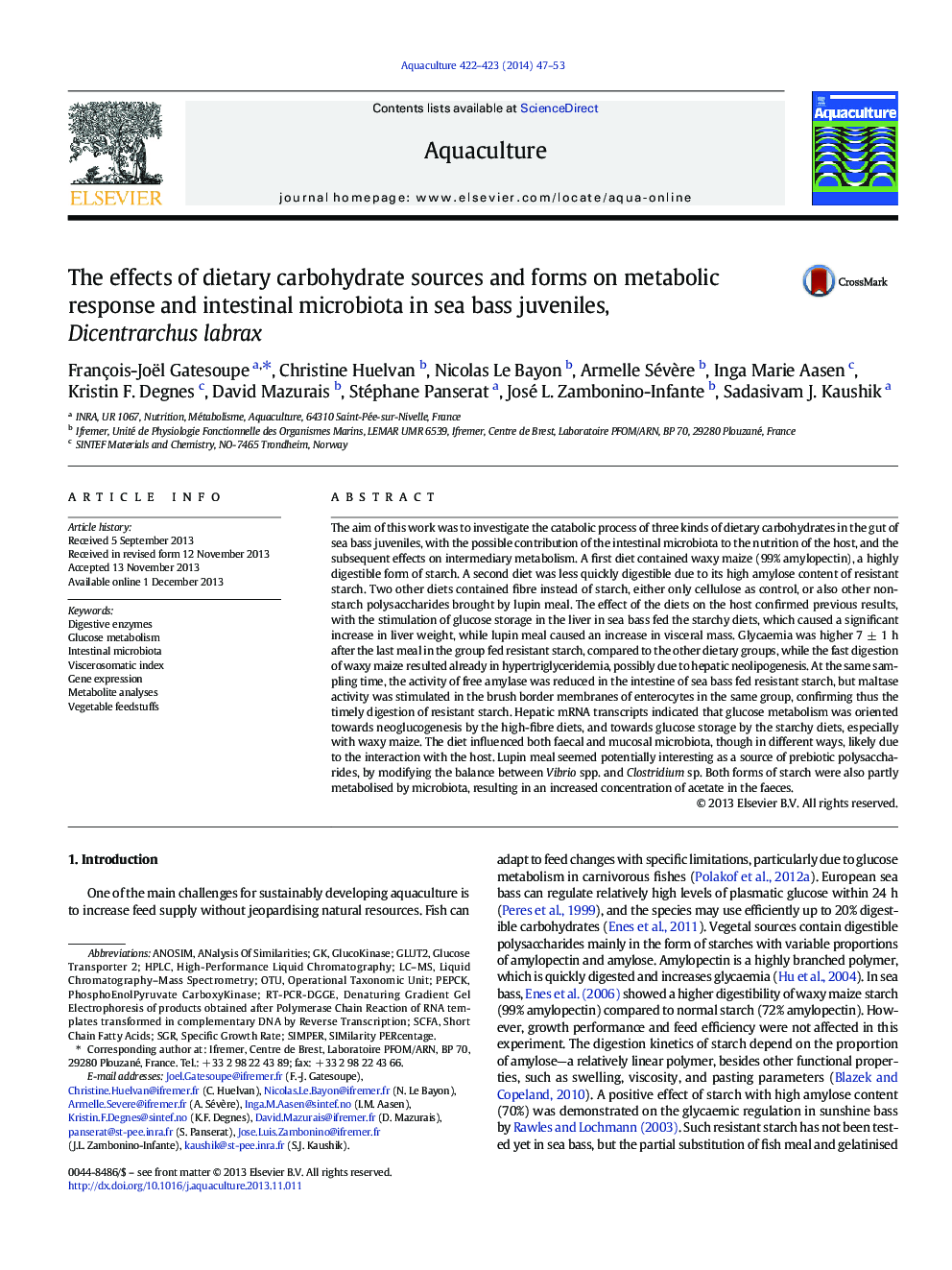 The effects of dietary carbohydrate sources and forms on metabolic response and intestinal microbiota in sea bass juveniles, Dicentrarchus labrax