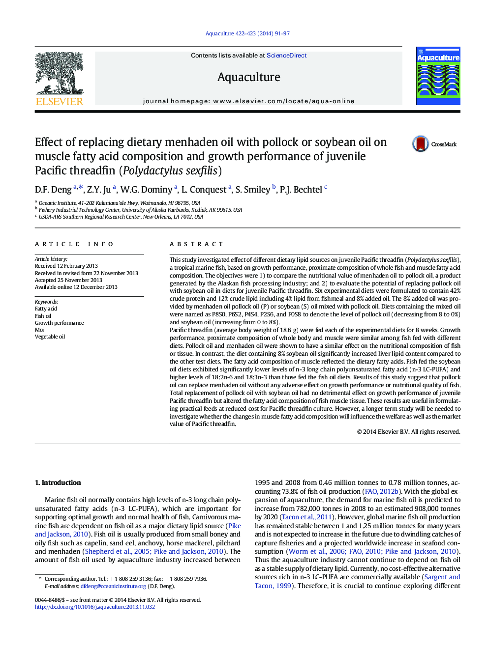 Effect of replacing dietary menhaden oil with pollock or soybean oil on muscle fatty acid composition and growth performance of juvenile Pacific threadfin (Polydactylus sexfilis)