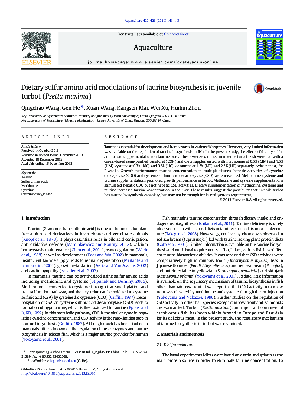 Dietary sulfur amino acid modulations of taurine biosynthesis in juvenile turbot (Psetta maxima)