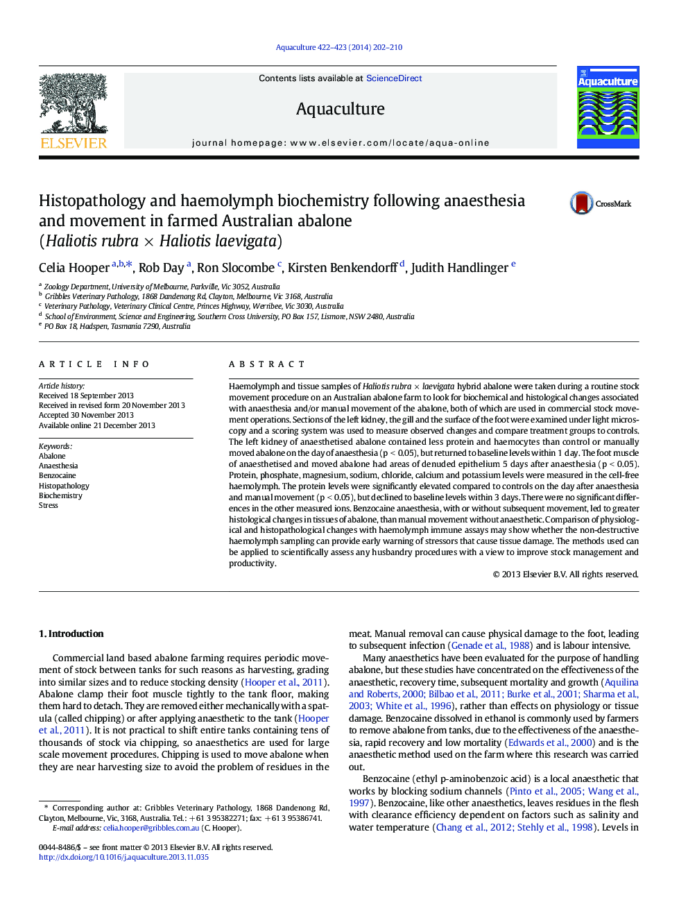 Histopathology and haemolymph biochemistry following anaesthesia and movement in farmed Australian abalone (Haliotis rubra × Haliotis laevigata)