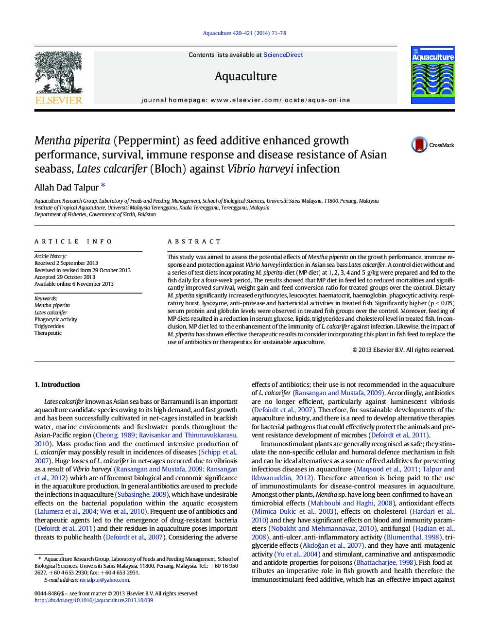 Mentha piperita (Peppermint) as feed additive enhanced growth performance, survival, immune response and disease resistance of Asian seabass, Lates calcarifer (Bloch) against Vibrio harveyi infection