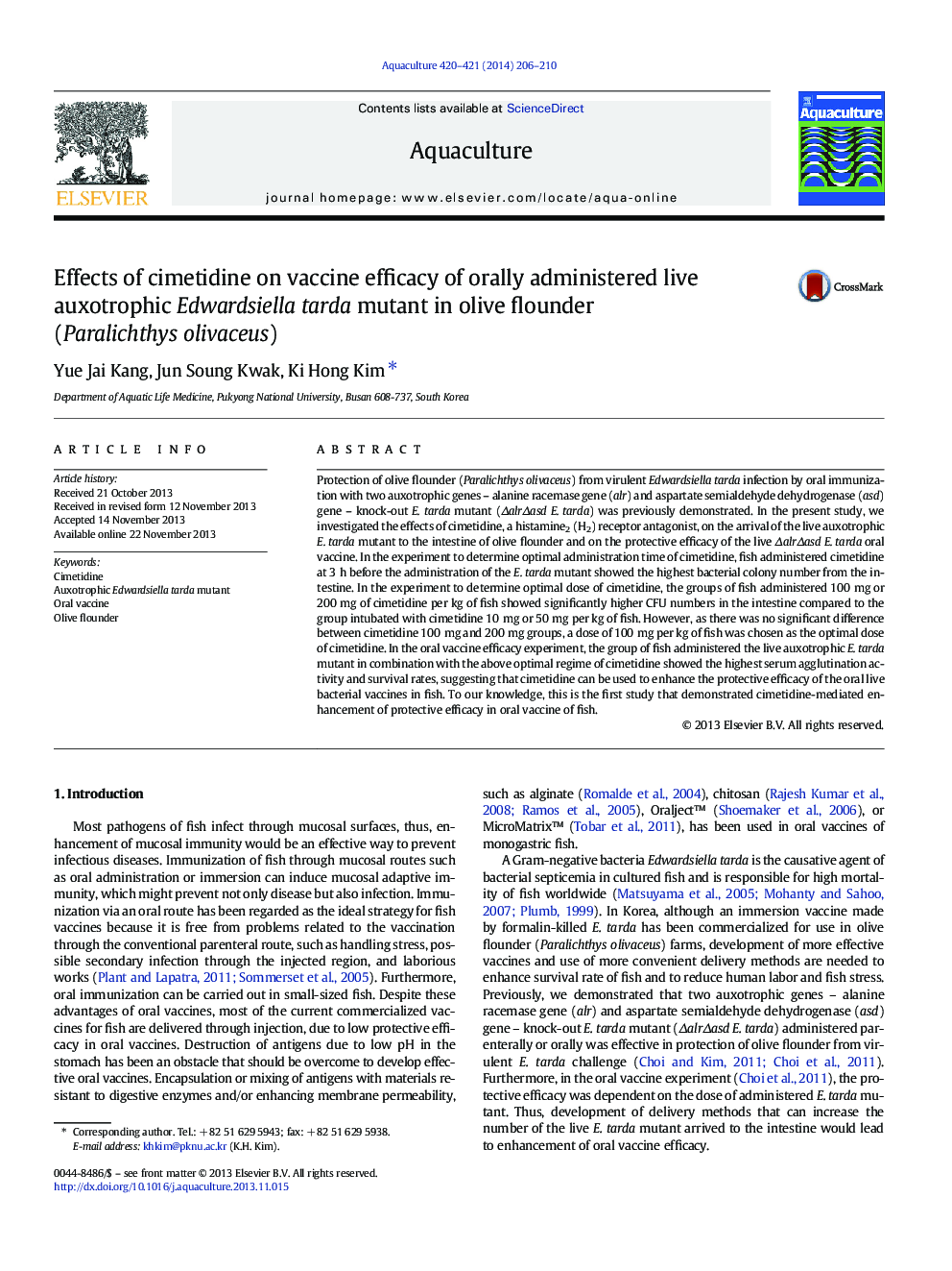 Effects of cimetidine on vaccine efficacy of orally administered live auxotrophic Edwardsiella tarda mutant in olive flounder (Paralichthys olivaceus)