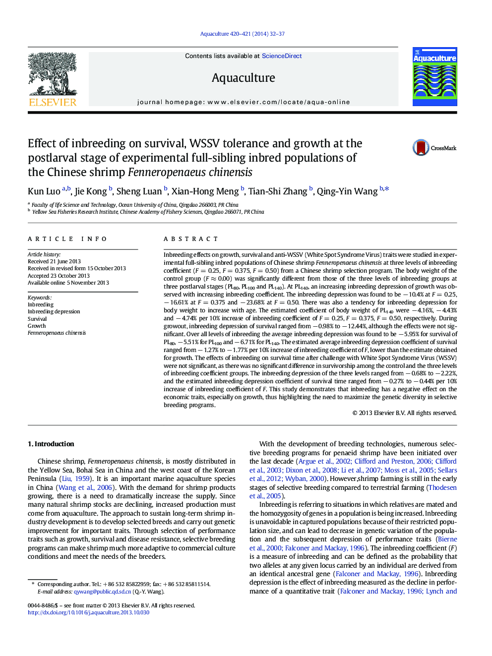 Effect of inbreeding on survival, WSSV tolerance and growth at the postlarval stage of experimental full-sibling inbred populations of the Chinese shrimp Fenneropenaeus chinensis