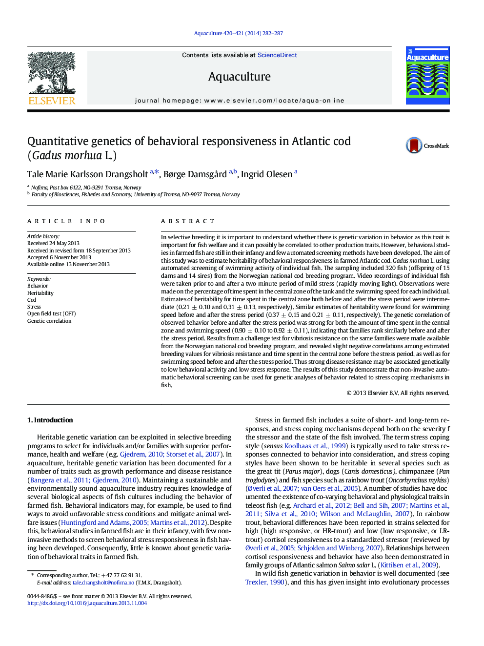 Quantitative genetics of behavioral responsiveness in Atlantic cod (Gadus morhua L.)