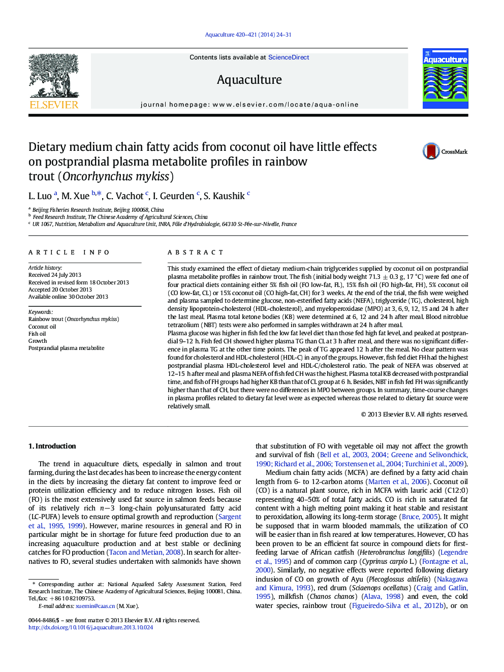 Dietary medium chain fatty acids from coconut oil have little effects on postprandial plasma metabolite profiles in rainbow trout (Oncorhynchus mykiss)