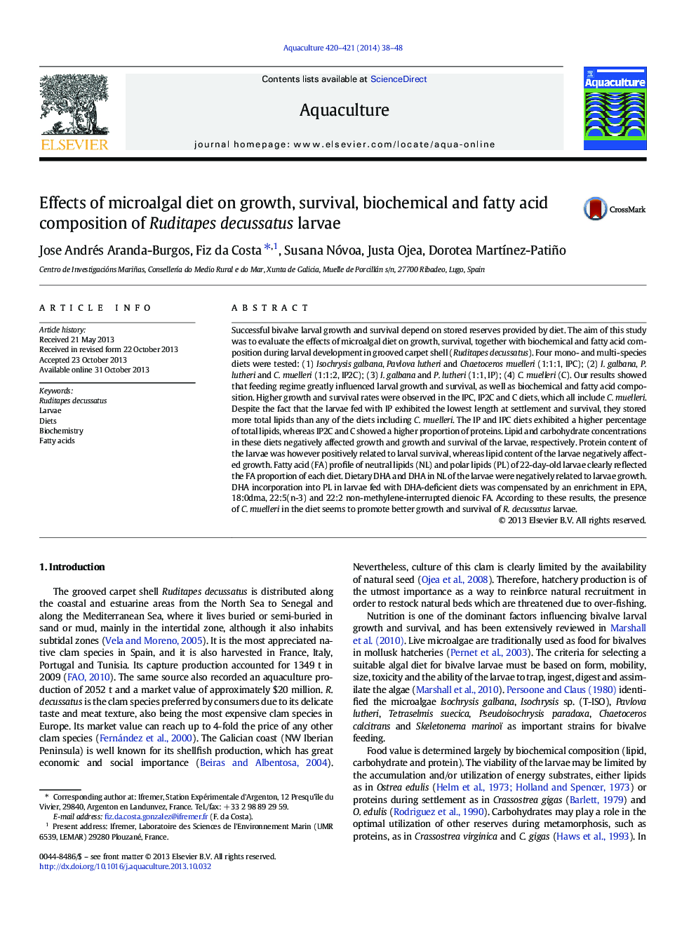 Effects of microalgal diet on growth, survival, biochemical and fatty acid composition of Ruditapes decussatus larvae