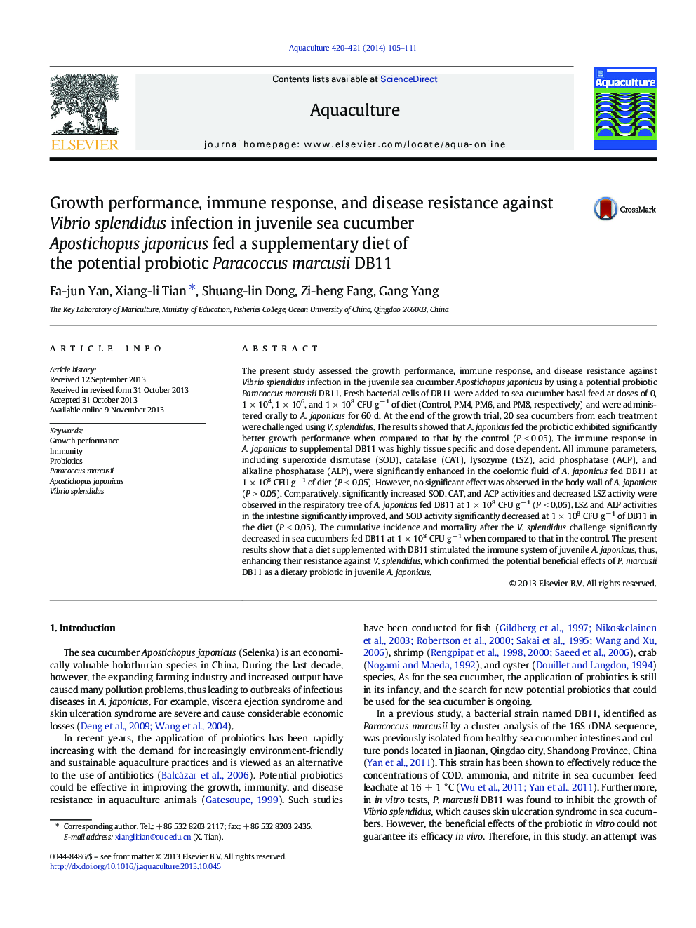 Growth performance, immune response, and disease resistance against Vibrio splendidus infection in juvenile sea cucumber Apostichopus japonicus fed a supplementary diet of the potential probiotic Paracoccus marcusii DB11