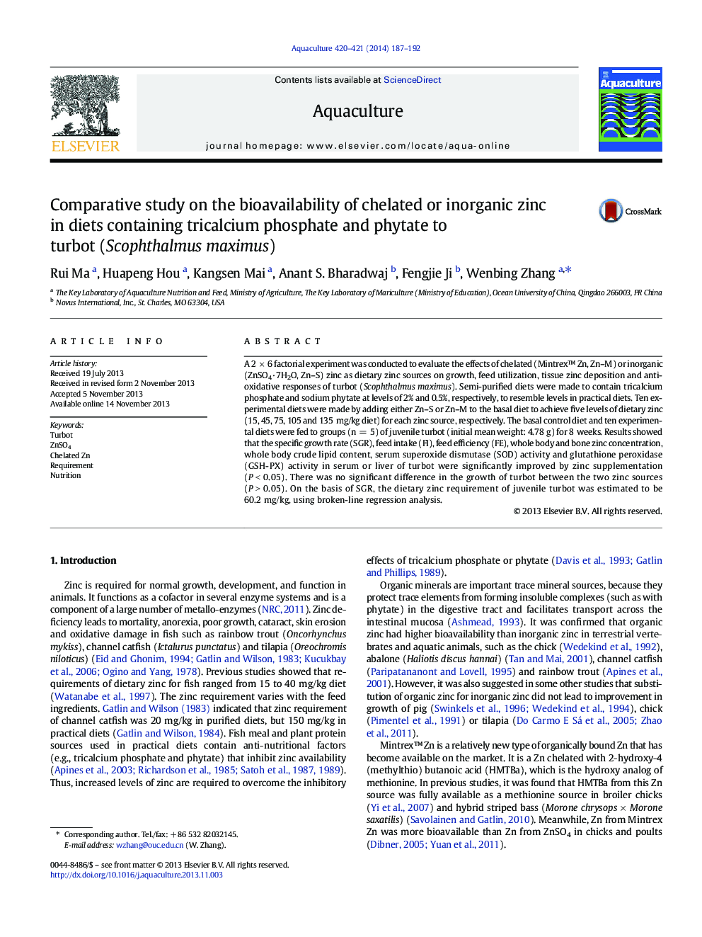 Comparative study on the bioavailability of chelated or inorganic zinc in diets containing tricalcium phosphate and phytate to turbot (Scophthalmus maximus)