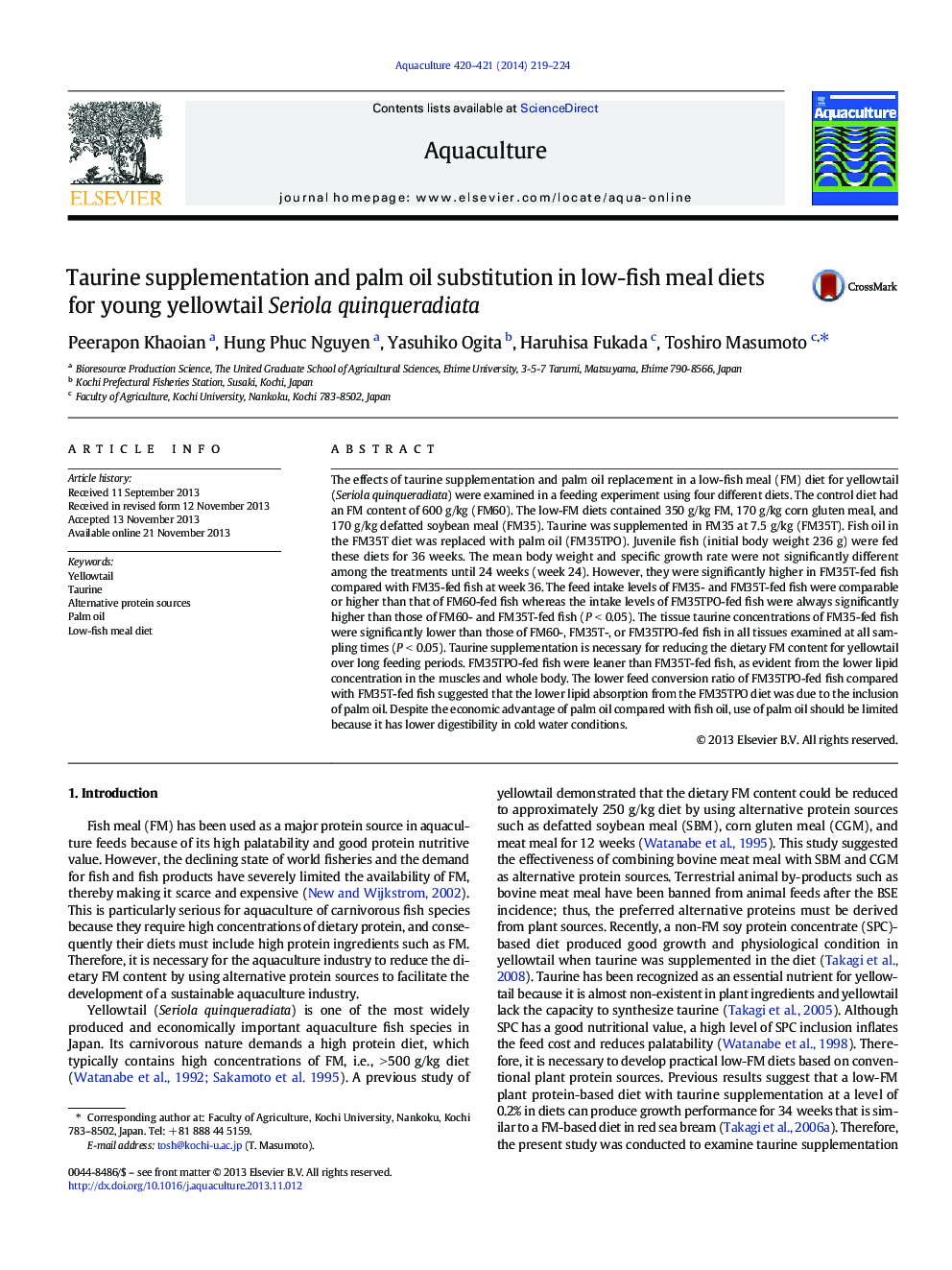 Taurine supplementation and palm oil substitution in low-fish meal diets for young yellowtail Seriola quinqueradiata