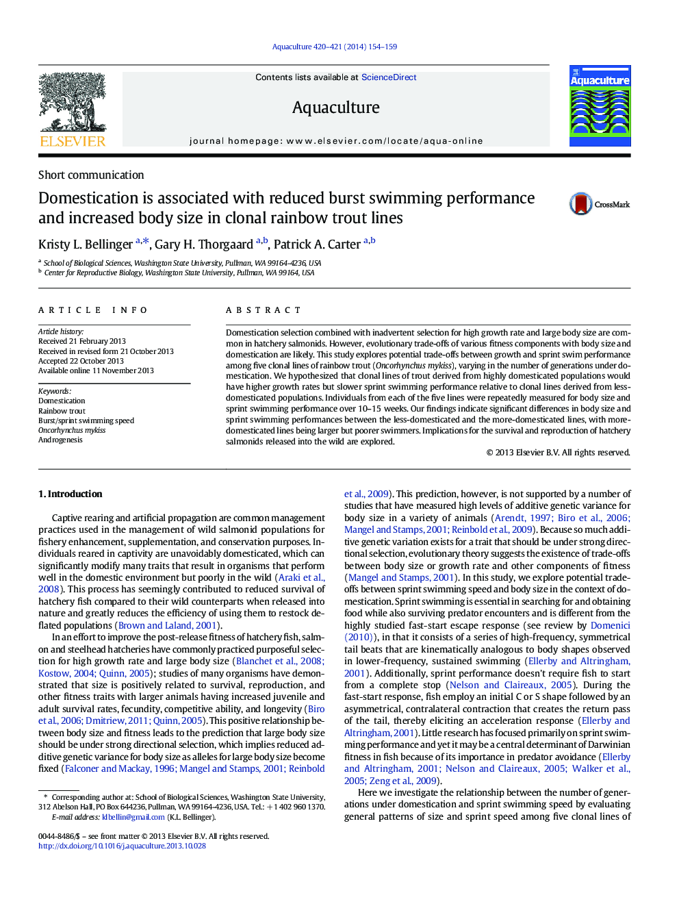 Domestication is associated with reduced burst swimming performance and increased body size in clonal rainbow trout lines