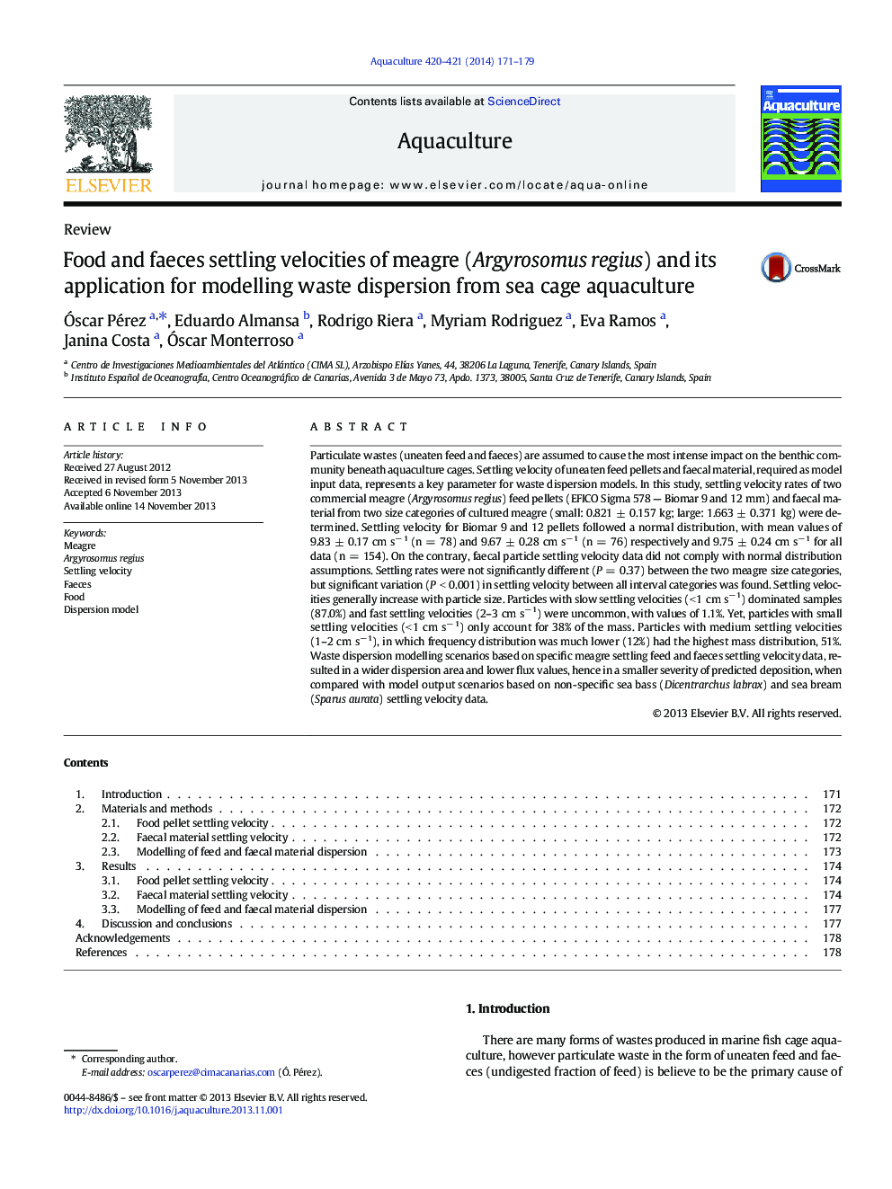 Food and faeces settling velocities of meagre (Argyrosomus regius) and its application for modelling waste dispersion from sea cage aquaculture