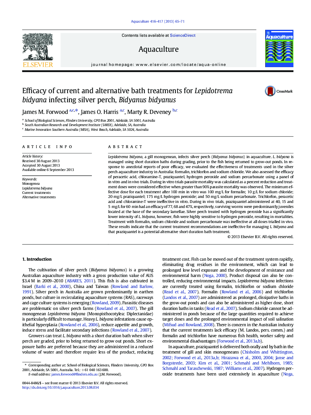 Efficacy of current and alternative bath treatments for Lepidotrema bidyana infecting silver perch, Bidyanus bidyanus