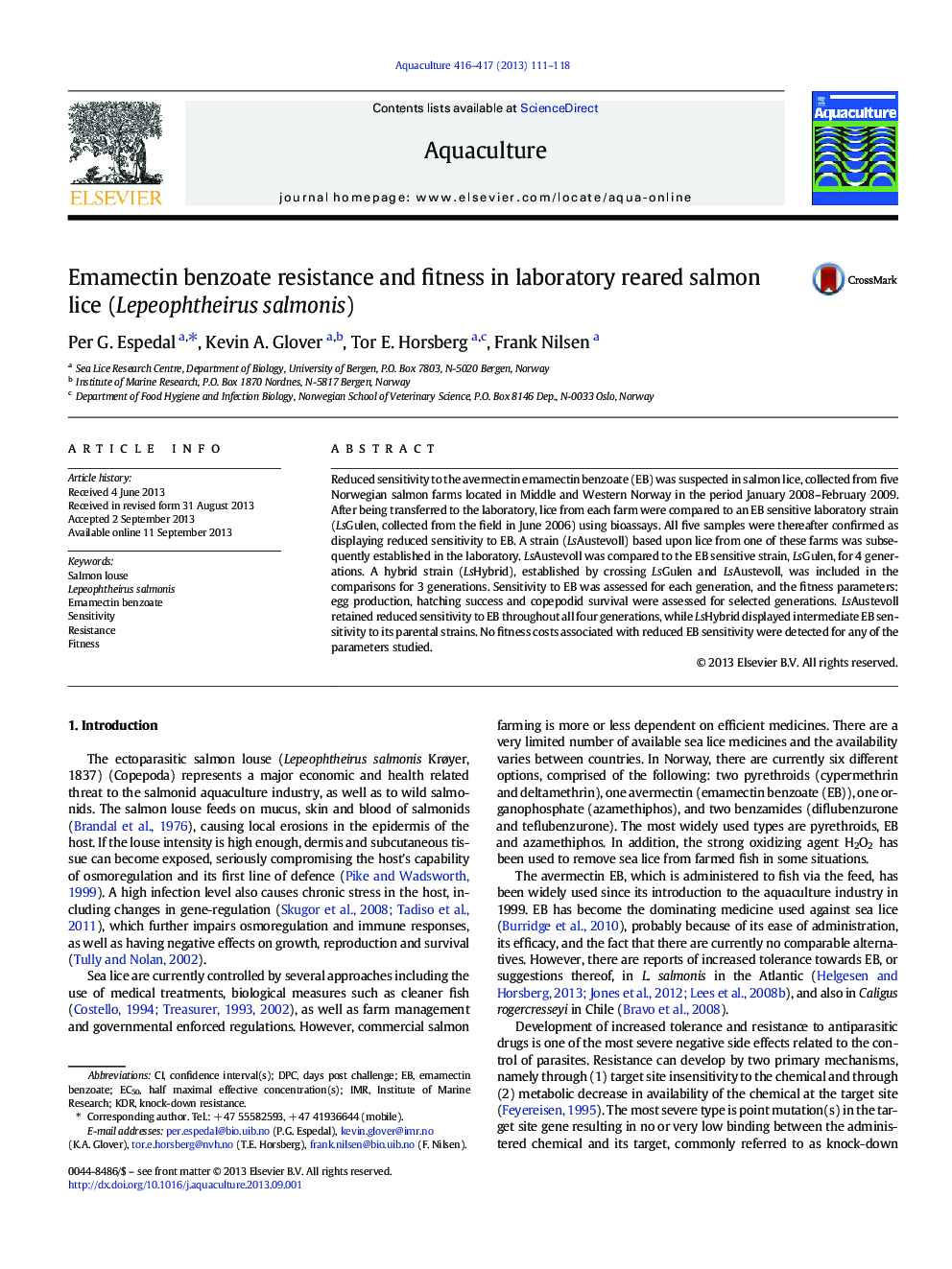 Emamectin benzoate resistance and fitness in laboratory reared salmon lice (Lepeophtheirus salmonis)