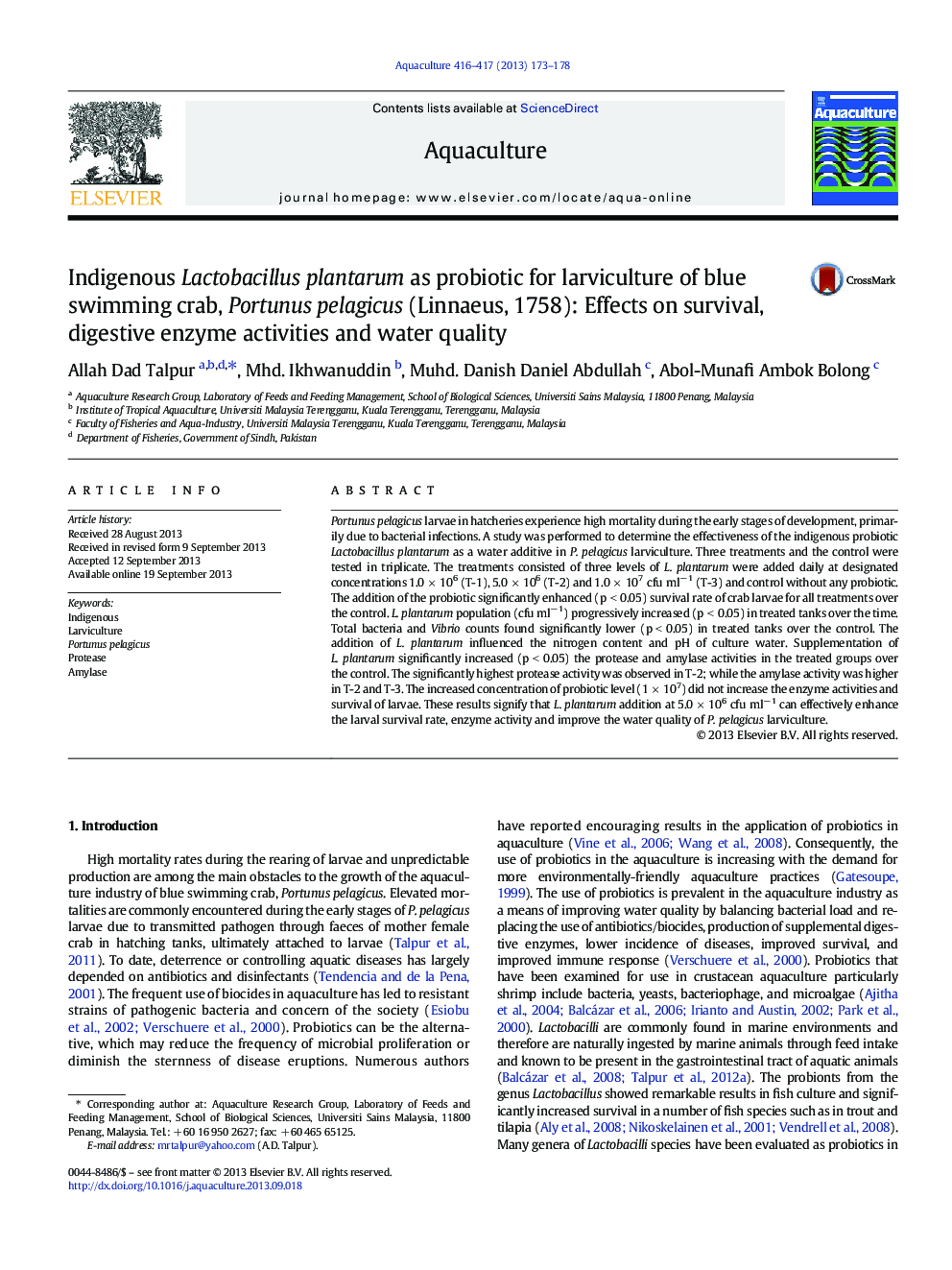 Indigenous Lactobacillus plantarum as probiotic for larviculture of blue swimming crab, Portunus pelagicus (Linnaeus, 1758): Effects on survival, digestive enzyme activities and water quality