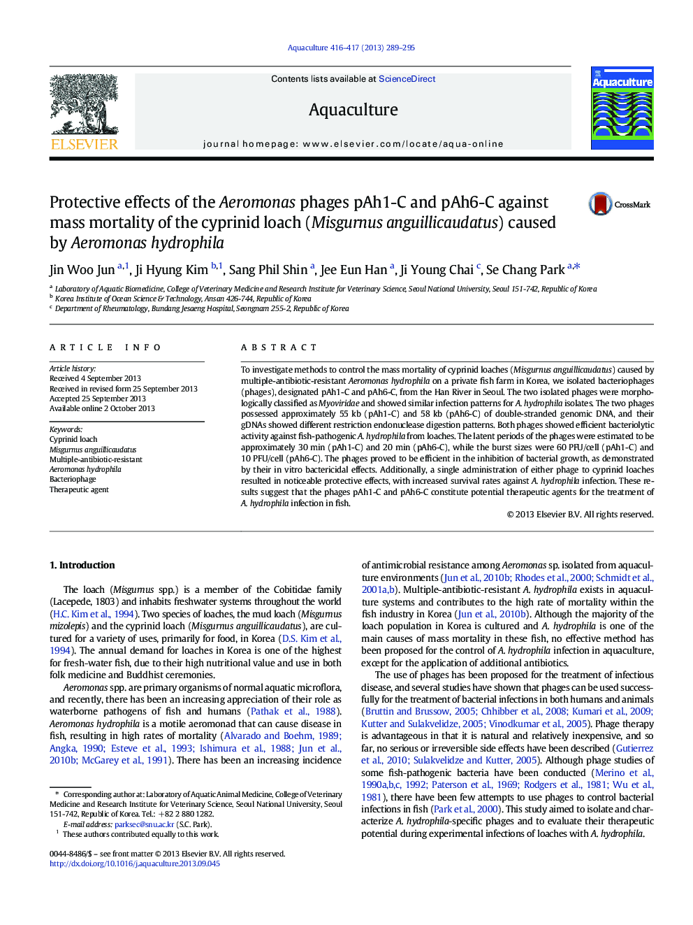 Protective effects of the Aeromonas phages pAh1-C and pAh6-C against mass mortality of the cyprinid loach (Misgurnus anguillicaudatus) caused by Aeromonas hydrophila