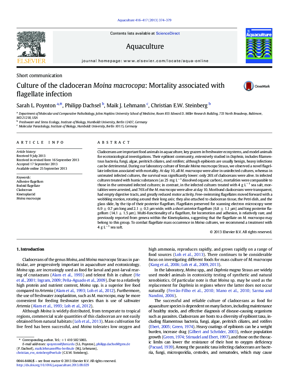 Culture of the cladoceran Moina macrocopa: Mortality associated with flagellate infection