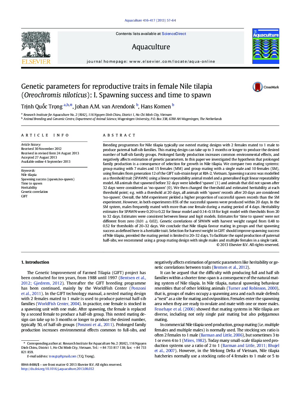 Genetic parameters for reproductive traits in female Nile tilapia (Oreochromis niloticus): I. Spawning success and time to spawn